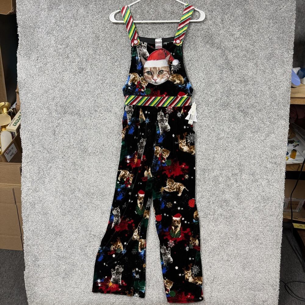 No Boundaries Jumpsuit Womens XS Black Cat Santa Velour Christmas Kitsch NWT